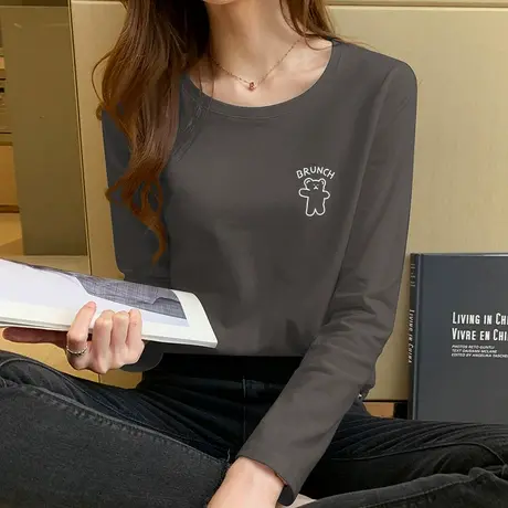 烟灰纯棉长袖T恤女宽松圆领内搭打底衫2023春装新款韩版洋气上衣图片