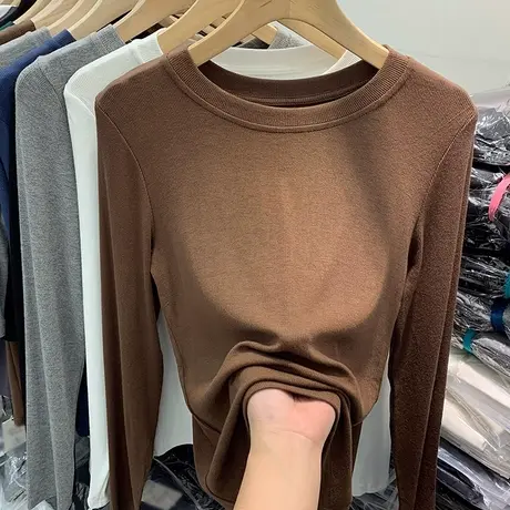 圆领打底衫女2022秋季新款简约百搭休闲紧身纯色内搭螺纹长袖T恤商品大图