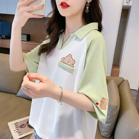 小众设计感v领短袖t恤女夏季韩版宽松大码翻领polo衫拼色半袖上衣商品大图