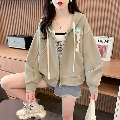 早秋装连帽卫衣女2023新款春秋季韩版宽松薄款小个子短款开衫外套图片