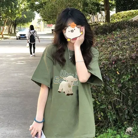 纯棉绿色短袖t恤女2023新款夏季美式复古宽松小个子半袖上衣ins潮商品大图