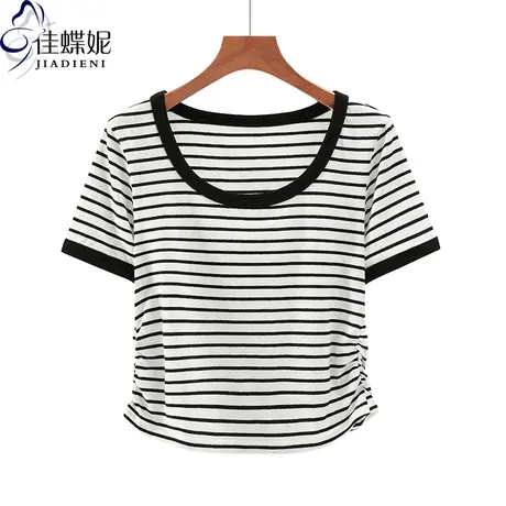 夏季新款韩版圆领修身条纹纯棉显瘦短款褶皱短袖体恤上衣内搭女装商品大图