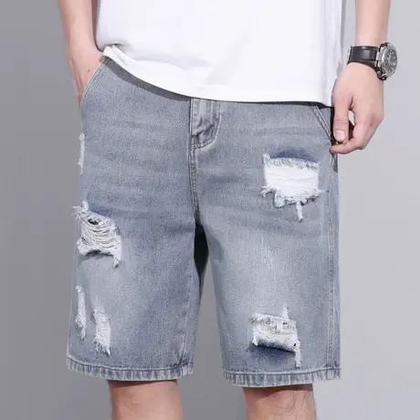 破洞男款牛仔马裤子夏季潮流短裤男士乞丐五分薄款休闲浅蓝色中裤商品大图