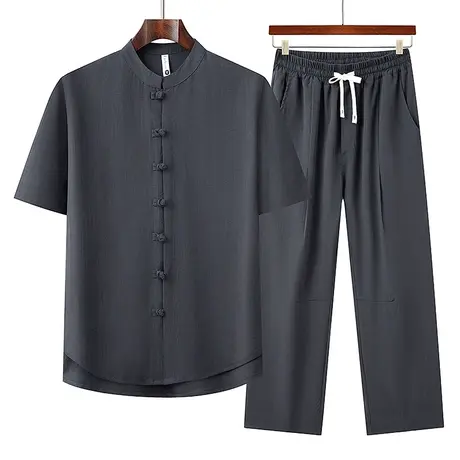 新中式中老年唐装爸爸夏装中国风爷爷冰丝套装男装盘扣短袖衬衫商品大图