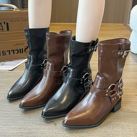 网红超火棕色厚底马丁靴女2023新款秋季英伦风复古尖头西部牛仔靴商品大图