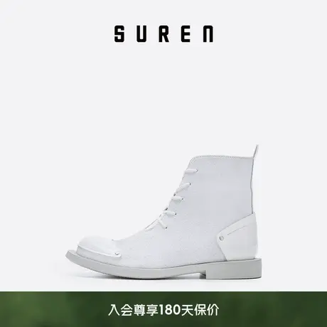 素人SUREN 春秋新款白色马丁靴女系带时尚高帮靴真皮靴子百搭2036图片
