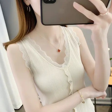 蕾丝吊带冰丝针织背心女夏内搭修身设计感外穿ins打底无袖V领上衣商品大图
