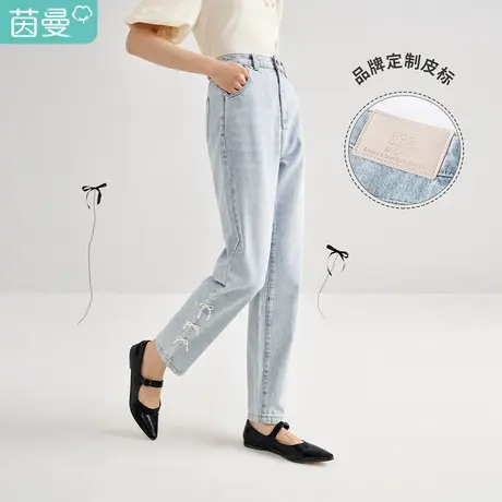 茵曼直筒牛仔裤女士2023春季新款串珠蝴蝶结烟管显瘦宽松纯棉裤子图片