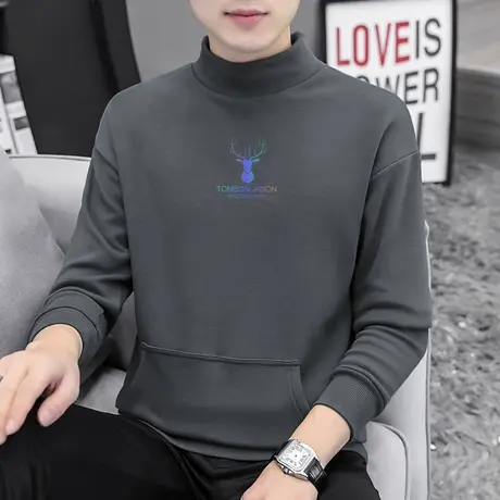 半高领卫衣男2023新款宽松潮流百搭秋季上衣加绒无帽中领长袖t恤图片