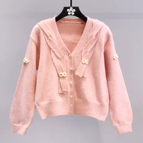 小清新立体小花短款毛衣外套女2023新款宽松高级感短款针织开衫商品大图