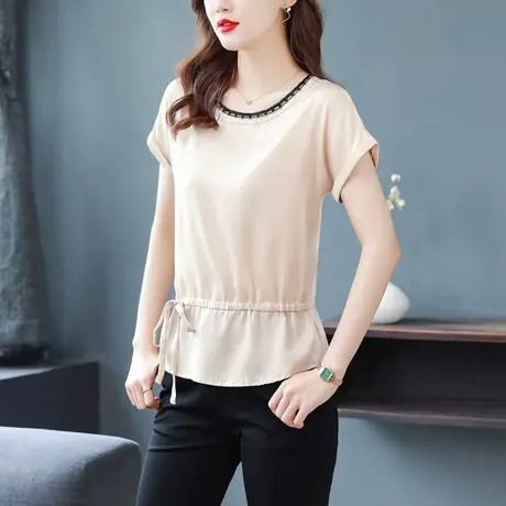 2023夏季短袖真丝T恤中年女装洋气收腰40岁中老年时尚漂亮女上衣商品大图