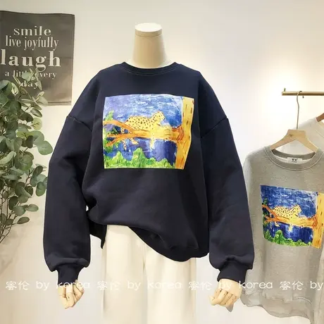 日系宽松古着感加绒卫衣韩国东大门ins潮秋冬款保暖厚卫衣休闲女图片