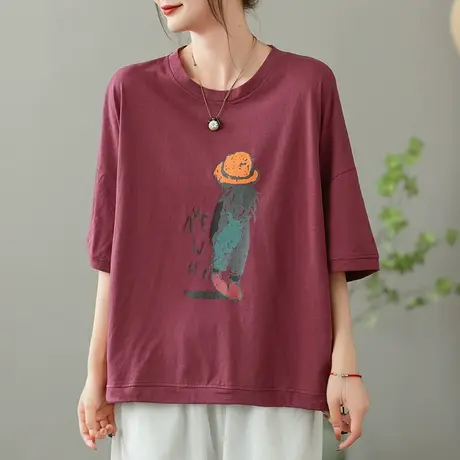 dza卡通全棉短袖T恤女2023夏季薄款圆领打底体恤宽松显瘦套头上衣商品大图