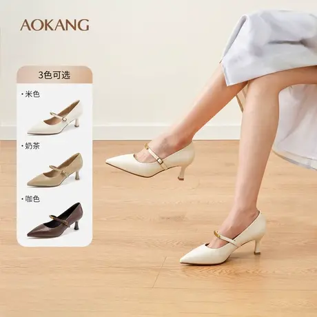 奥康 女鞋2025春季玛丽珍尖头优雅细跟单鞋一字扣带高跟鞋图片