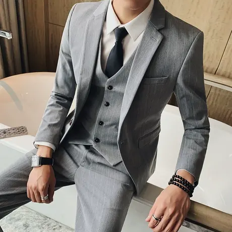 条纹小西装男三件套修身韩版帅气一套西服青年正装新郎结婚礼服潮图片