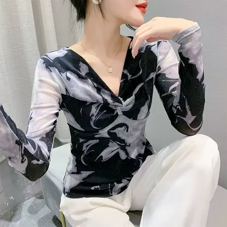 气质减龄扎染印花上衣性感网纱透气扭结拼接T恤女装洋气修身长袖图片