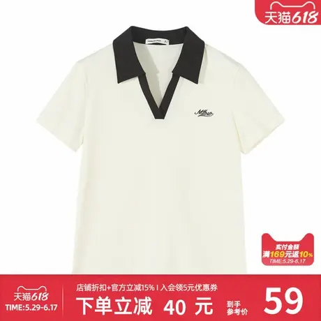 美特斯邦威女款夏季时尚翻领潮流拼接百搭修身显瘦纽结开衩T恤商品大图