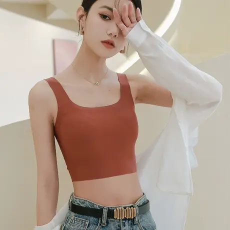 大U型形美背内衣带胸垫女夏薄款大胸显小背心式文胸露背抹胸上衣商品大图