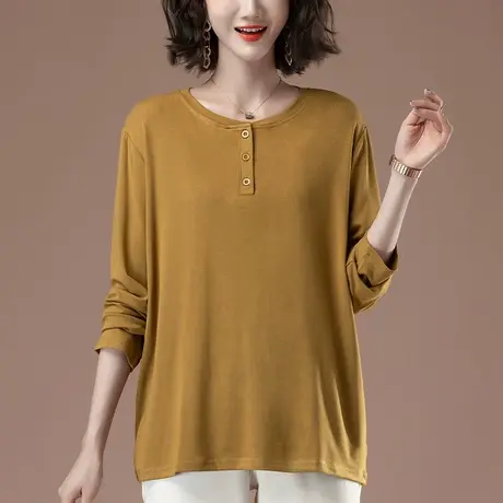 长袖t恤女春秋装新款加肥加大码女装宽松中年妈妈遮肚休闲打底衫商品大图