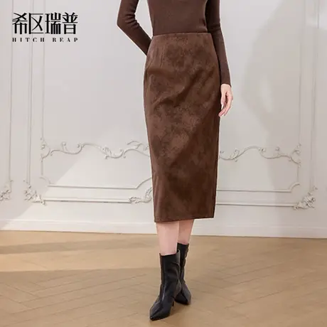 希区瑞普2025新款时尚气质中长麂皮半身裙高腰显瘦包臀直筒裙商品大图