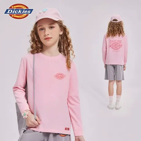 Dickies童装女童长袖t恤女孩秋季粉色体恤儿童2025新款美式上衣A商品大图