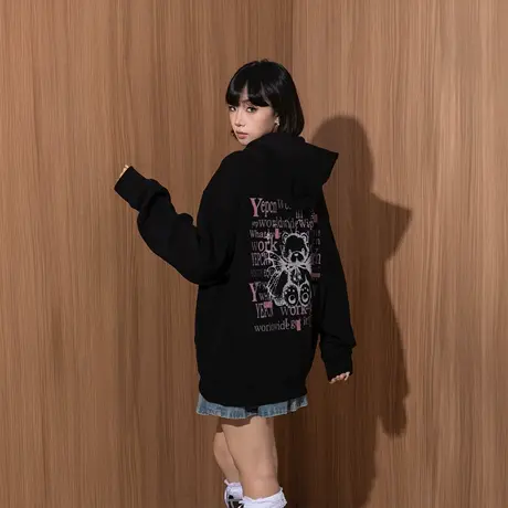 YEP复古连帽卫衣女春秋2025年新款印花美式帽衫宽松潮牌外套加绒商品大图