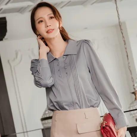 桔熊秋冬季韩版通勤微光泽修身长袖衬衫上衣女胖妹妹大码AB16497商品大图