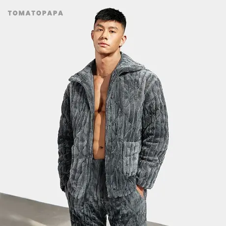 TOMATOPAPA冬季保暖加绒加厚睡衣法兰绒保暖家居服开衫可外穿套装商品大图