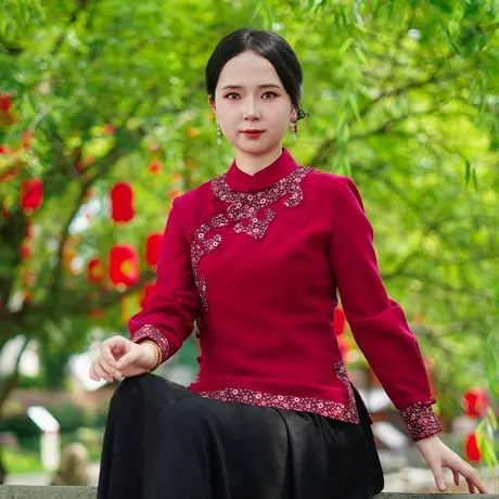 筠雅秋季新款红色喜庆中式唐装中国风年轻款斜襟长袖上衣女25J325商品大图