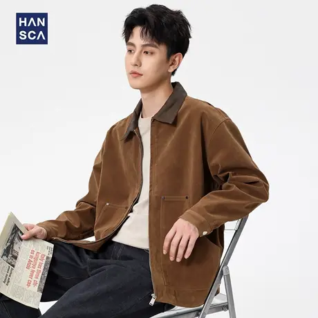 hansca秋季美式工装外套男2025新款宽松大码撞色翻领复古植绒夹克图片