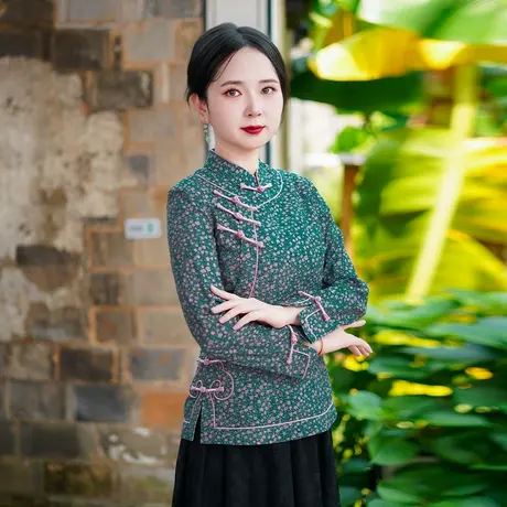 筠雅秋季新款收腰显瘦中式唐装女中国风年轻款斜襟长袖上衣25J302商品大图