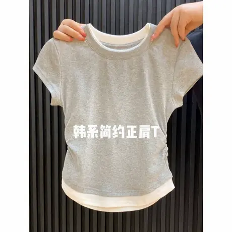 辣妹短款正肩假两件T恤女夏季韩版修身显瘦褶皱收腰拼色短袖上衣商品大图