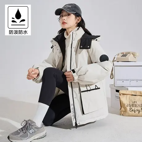 【防水】唐狮撞色连帽羽绒服女2024冬季新款爆款白色工装派克服商品大图