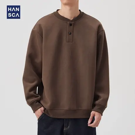 hansca420g重磅亨利领套头卫衣男士2025新款秋季纯色日系复古上衣图片