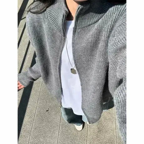 灰色双拉链立领开衫毛衣男款秋季韩系半高领针织衫美式慵懒风外套商品大图