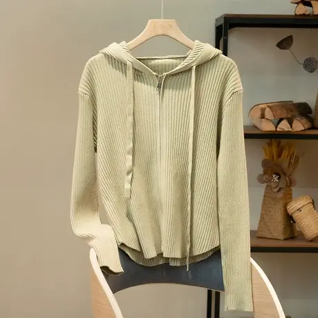 享永子【半溪秋意】安迪绒连帽拉链针织开衫纯色舒适毛衣外套女商品大图