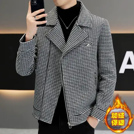 冬季高级感加厚千鸟格外套男士韩版休闲潮流毛呢子夹克加绒风衣商品大图