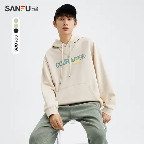 三福2023冬男士蜡染胶标抽绳连帽卫衣 学院休闲宽松上衣478691图片