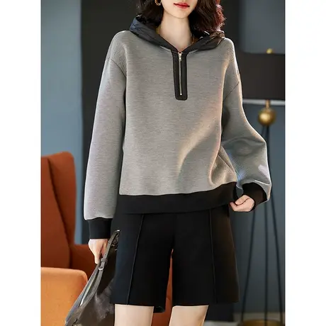 宝诗黎套头连帽拼接卫衣女秋冬季2023新款落肩长袖休闲上衣短外套图片