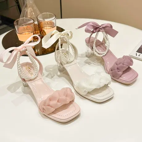 仙女风粗跟凉鞋女款夏季配裙子2023新款时尚珍珠蝴蝶结透明高跟鞋商品大图
