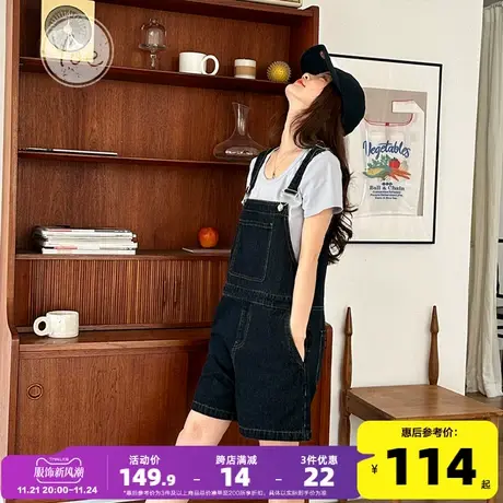 yoe夏美式复古短裤小个子深色小众原色五分裤设计感牛仔背带裤女图片