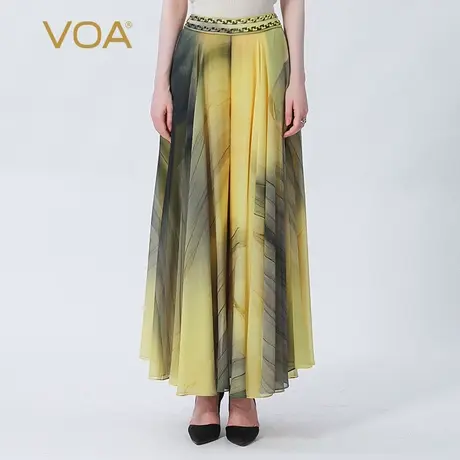 VOA真丝乔其金碧辉煌自然腰印染工艺侧拉链双面宽松桑蚕丝阔腿裤商品大图
