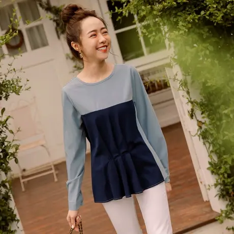 桔熊春秋季通勤不对称压褶修身圆领长袖上衣女胖妹妹大码AB16098商品大图