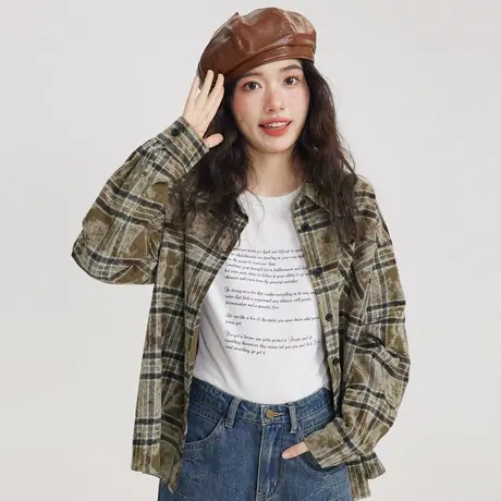 尔给设计感慵懒风美式复古格子衬衫外套2023新款女长袖衬衣小个子商品大图