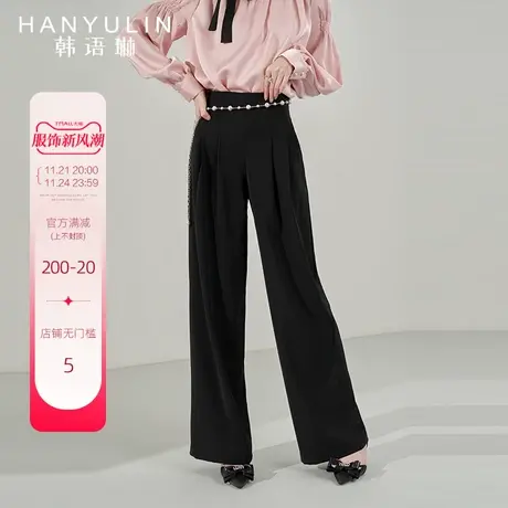 韩语琳黑色裤子女小众设计感阔腿裤2025新款夏季直筒休闲裤秋长裤图片