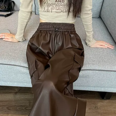 高腰直筒抽绳束脚皮裤女2023秋冬新款垂感休闲阔腿宽松显瘦拖地裤图片