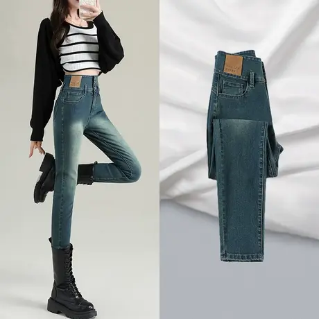 高腰小脚牛仔裤女修身2023年秋冬季新款加绒弹力小个子显高铅笔裤商品大图