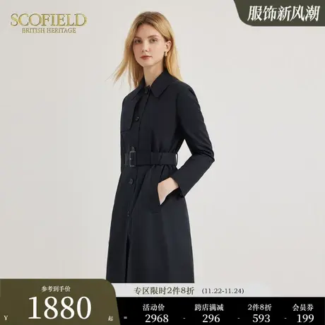 Scofield女装时尚通勤气质干练黑色中长款收腰风衣外套图片
