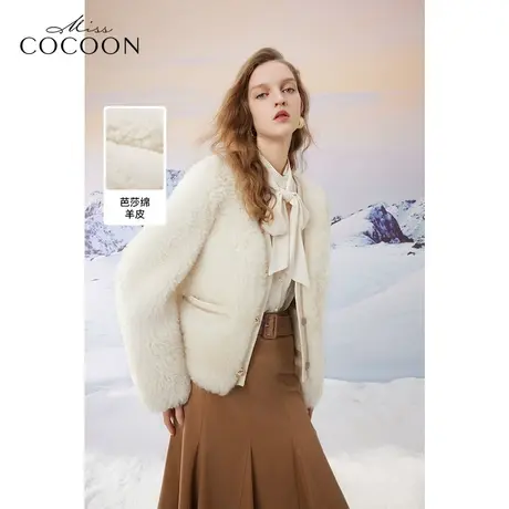 MISSCOCOON23老钱风秋冬新款芭莎绵羊皮慵懒风落肩短款高贵皮草图片