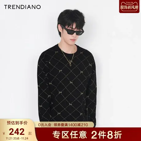 TRENDIANO潮牌官方秋冬男装复古网格提花休闲针织衫圆领套头毛衣商品大图